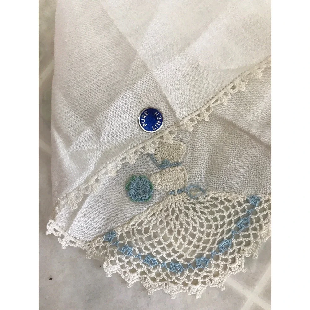 Vintage New Linen Handkerchief Crocheted Decorative Edge Lady with Dress Bonnet